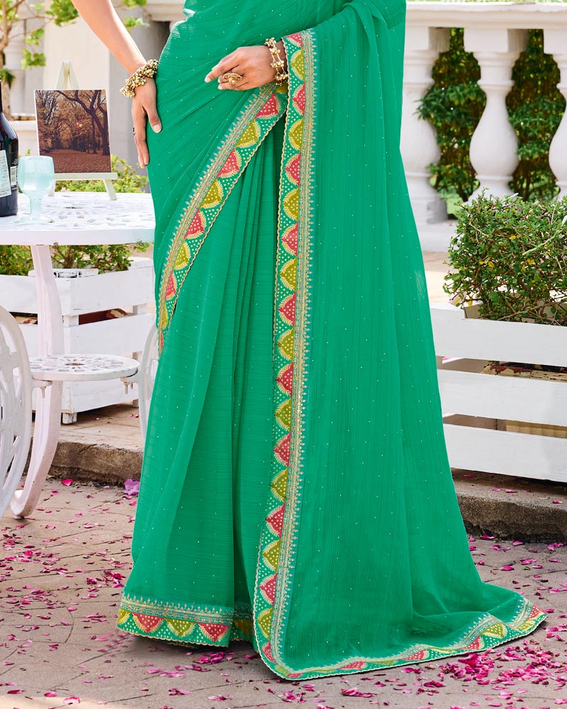 Vishal Prints Jade Green Designer Fancy Chiffon Saree With Diamond Work And Embroidery Border