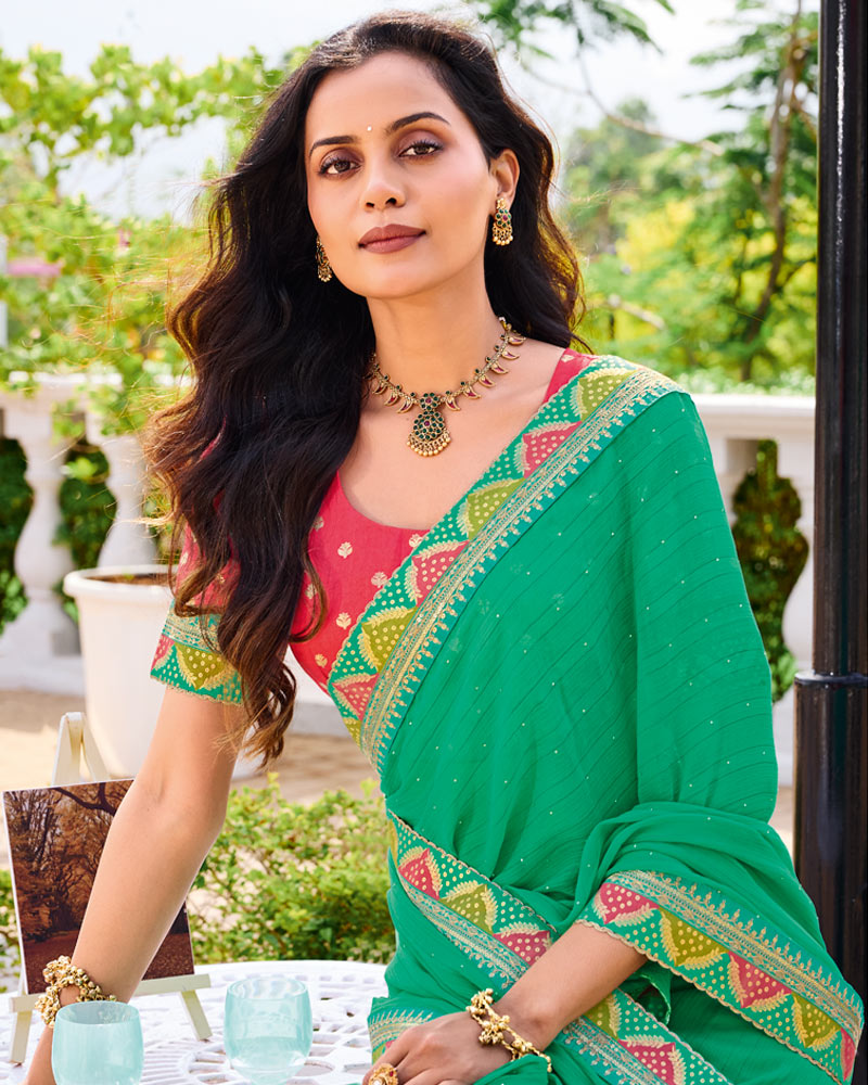 Vishal Prints Jade Green Designer Fancy Chiffon Saree With Diamond Work And Embroidery Border
