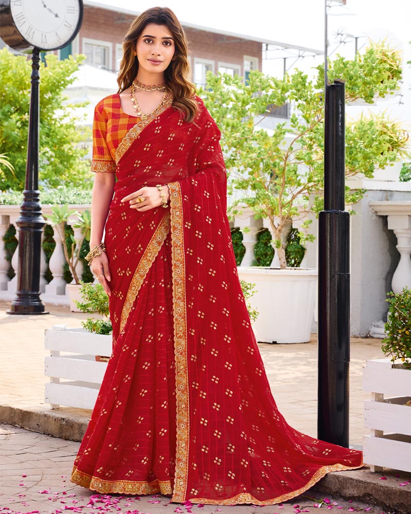 Vishal Prints Scarlet Red Designer Fancy Chiffon Traditional Print Saree With Foil Print And Cut Work Embroidery Border
