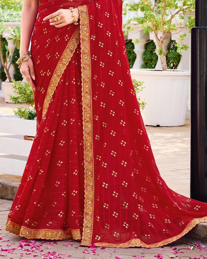 Vishal Prints Scarlet Red Designer Fancy Chiffon Traditional Print Saree With Foil Print And Cut Work Embroidery Border