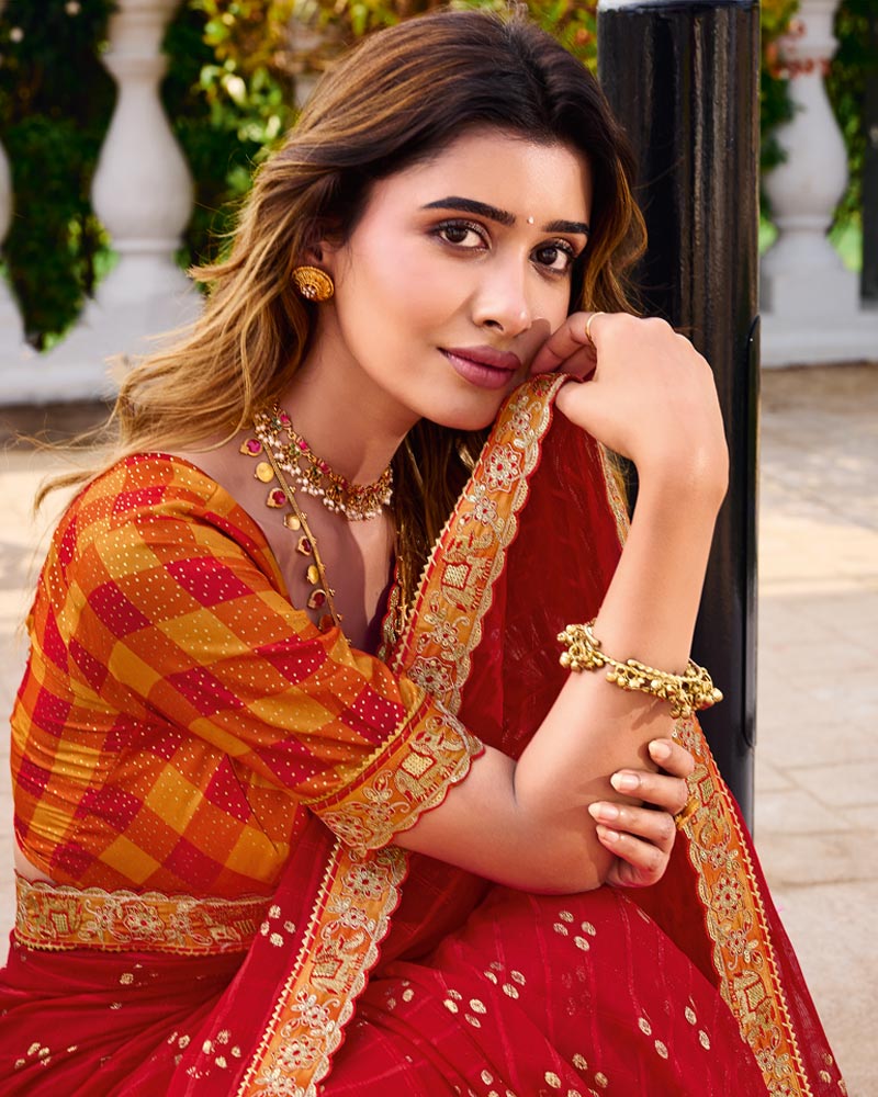 Vishal Prints Scarlet Red Designer Fancy Chiffon Traditional Print Saree With Foil Print And Cut Work Embroidery Border
