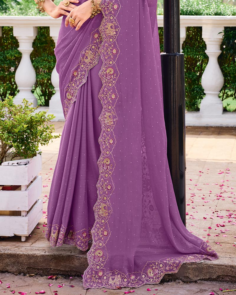Vishal Prints Dark Lilac Designer Fancy Chiffon Saree With Diamond Work And Cut Work Embroidery Border