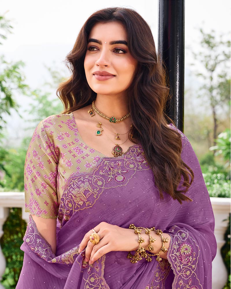 Vishal Prints Dark Lilac Designer Fancy Chiffon Saree With Diamond Work And Cut Work Embroidery Border
