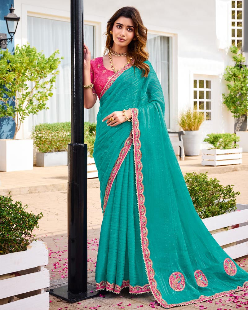Vishal Prints Topaz Green Designer Fancy Chiffon Saree With Patch And Diamond Work With Cut Work Embroidery Border
