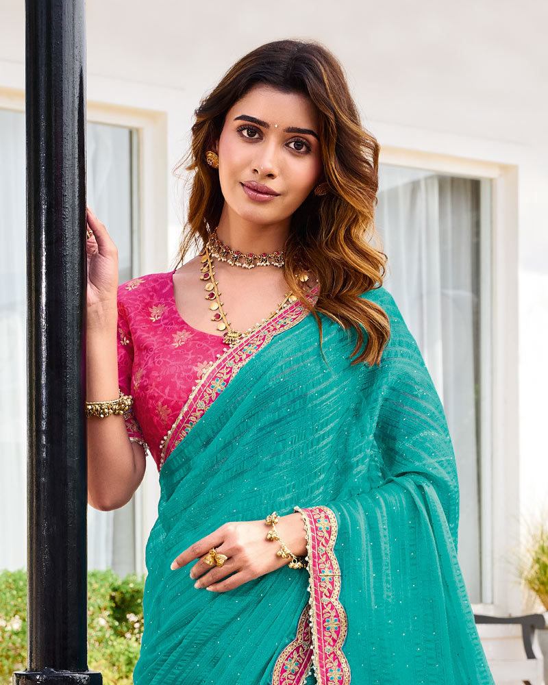 Vishal Prints Topaz Green Designer Fancy Chiffon Saree With Patch And Diamond Work With Cut Work Embroidery Border