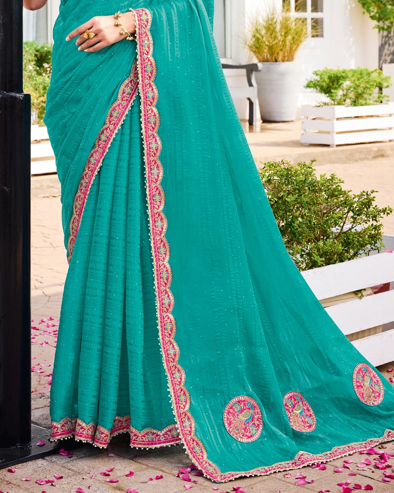 Vishal Prints Topaz Green Designer Fancy Chiffon Saree With Patch And Diamond Work With Cut Work Embroidery Border