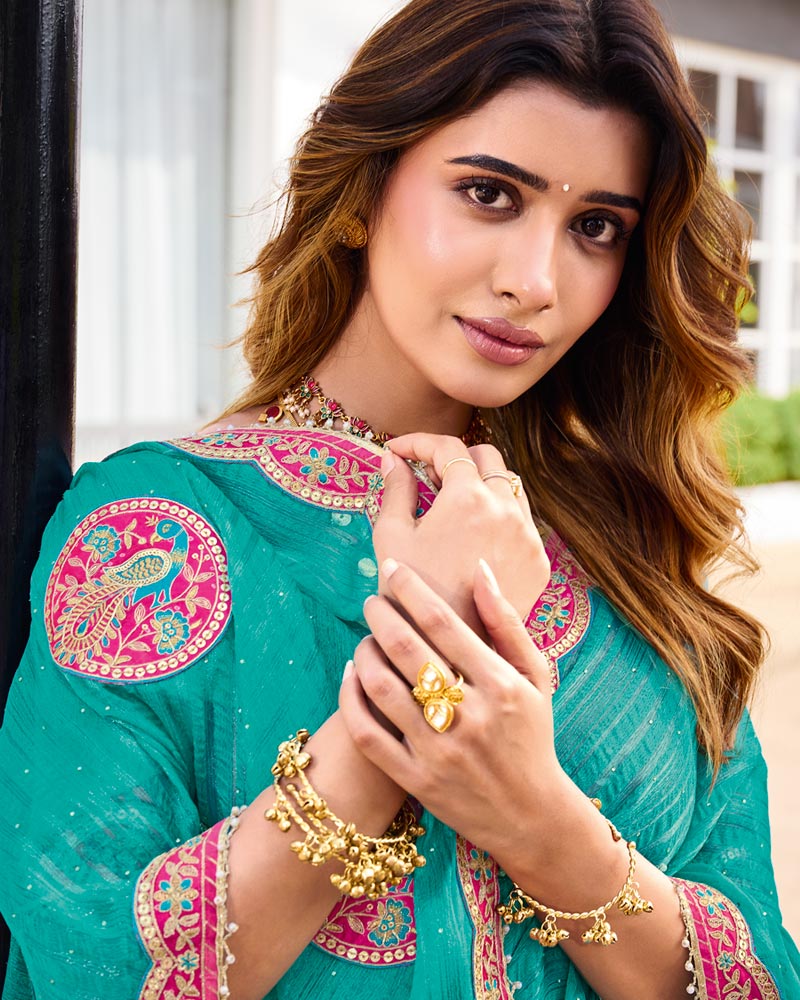 Vishal Prints Topaz Green Designer Fancy Chiffon Saree With Patch And Diamond Work With Cut Work Embroidery Border