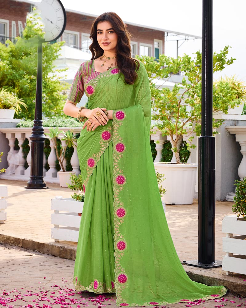 Vishal Prints Light Olve Green Designer Fancy Chiffon Saree With Patch And Diamond Work With Cut Work Embroidery Border