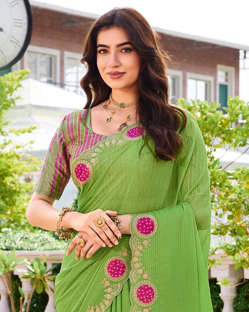 Vishal Prints Light Olve Green Designer Fancy Chiffon Saree With Patch And Diamond Work With Cut Work Embroidery Border