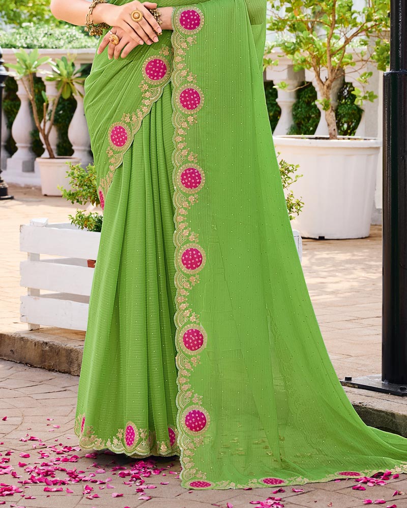 Vishal Prints Light Olve Green Designer Fancy Chiffon Saree With Patch And Diamond Work With Cut Work Embroidery Border