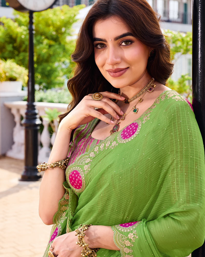Vishal Prints Light Olve Green Designer Fancy Chiffon Saree With Patch And Diamond Work With Cut Work Embroidery Border