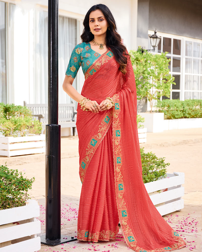 Vishal Prints Pastel Red Designer Fancy Chiffon Saree With Patch And Diamond Work With Cut Work Embroidery Border