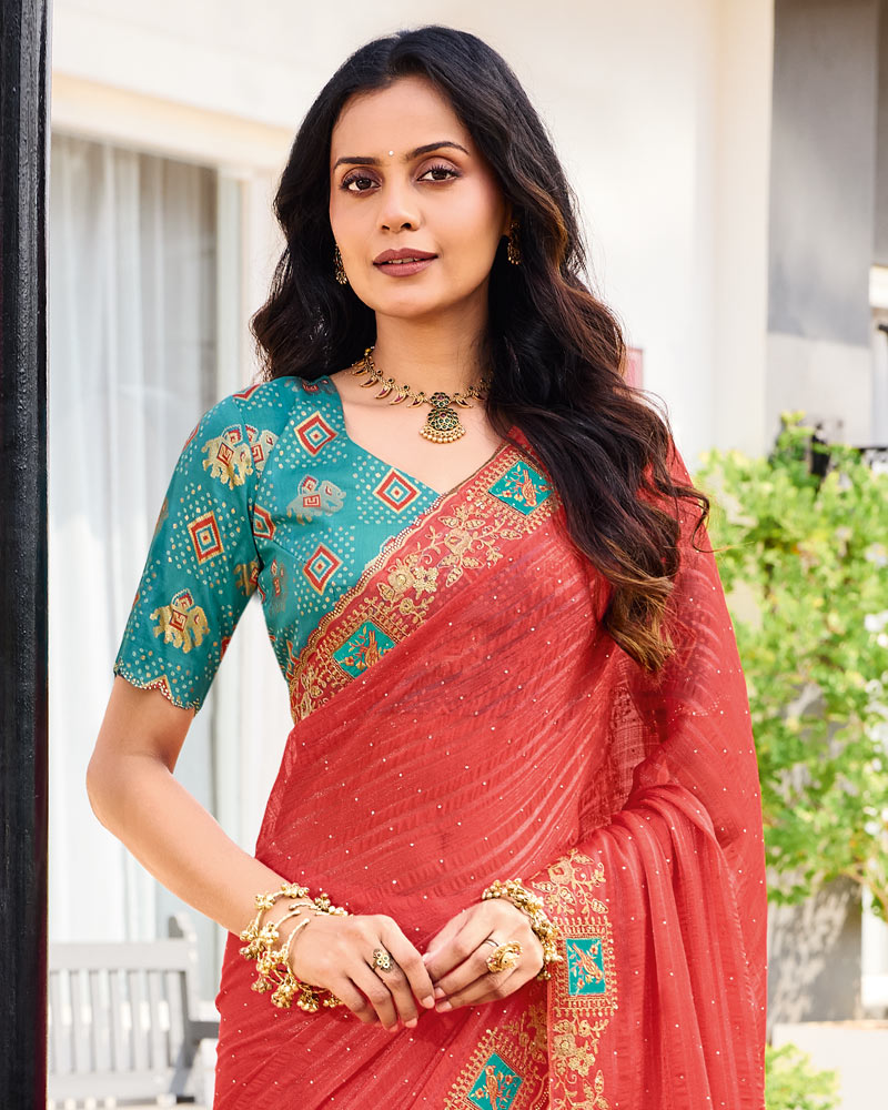 Vishal Prints Pastel Red Designer Fancy Chiffon Saree With Patch And Diamond Work With Cut Work Embroidery Border
