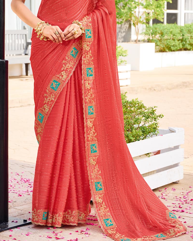 Vishal Prints Pastel Red Designer Fancy Chiffon Saree With Patch And Diamond Work With Cut Work Embroidery Border