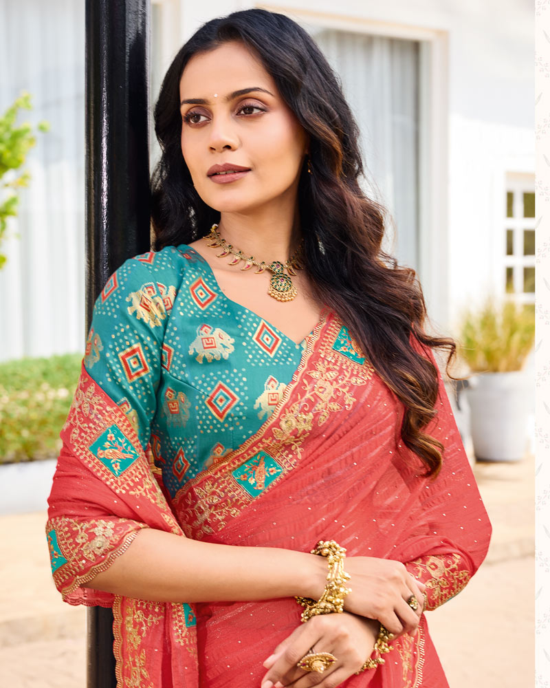 Vishal Prints Pastel Red Designer Fancy Chiffon Saree With Patch And Diamond Work With Cut Work Embroidery Border