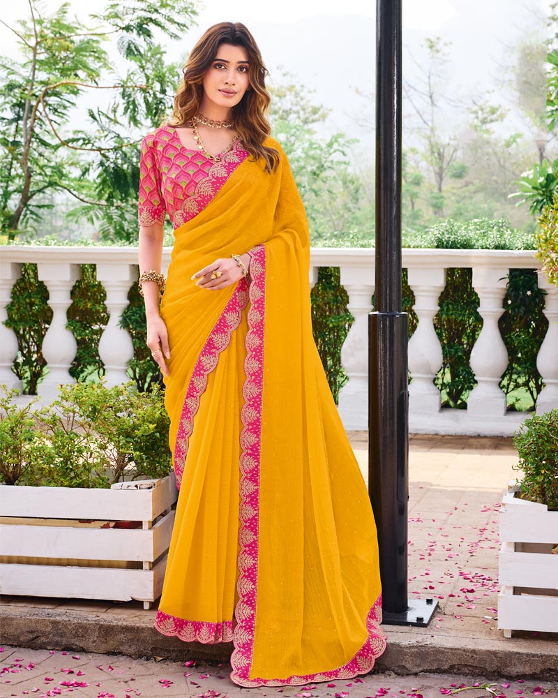 Vishal Prints Yellowish Orange Designer Fancy Chiffon Saree With Diamond Work And Cut Work Embroidery Border