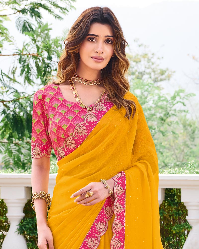 Vishal Prints Yellowish Orange Designer Fancy Chiffon Saree With Diamond Work And Cut Work Embroidery Border
