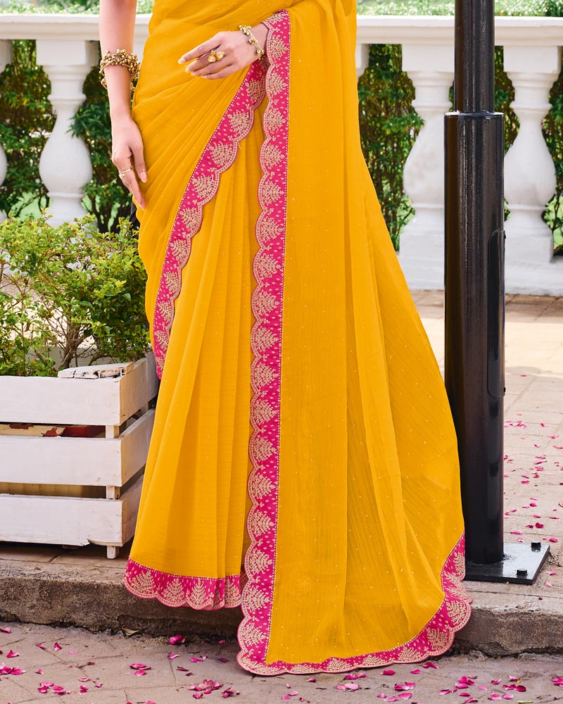 Vishal Prints Yellowish Orange Designer Fancy Chiffon Saree With Diamond Work And Cut Work Embroidery Border
