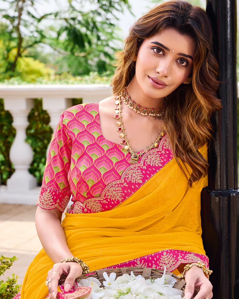 Vishal Prints Yellowish Orange Designer Fancy Chiffon Saree With Diamond Work And Cut Work Embroidery Border