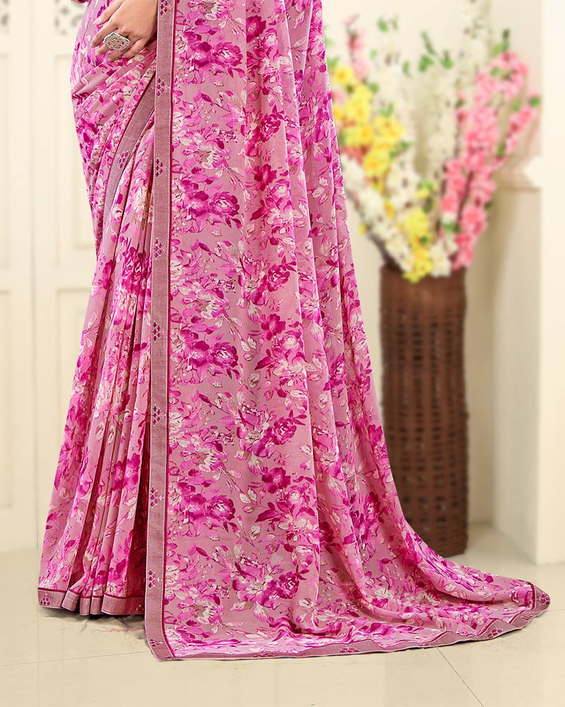Vishal Prints Dusty Pink Printed Georgette Saree With Fancy Border