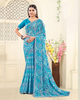 Vishal Prints Pacific Blue Printed Georgette Saree With Fancy Border