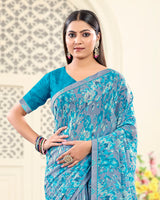 Vishal Prints Pacific Blue Printed Georgette Saree With Fancy Border