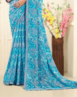 Vishal Prints Pacific Blue Printed Georgette Saree With Fancy Border