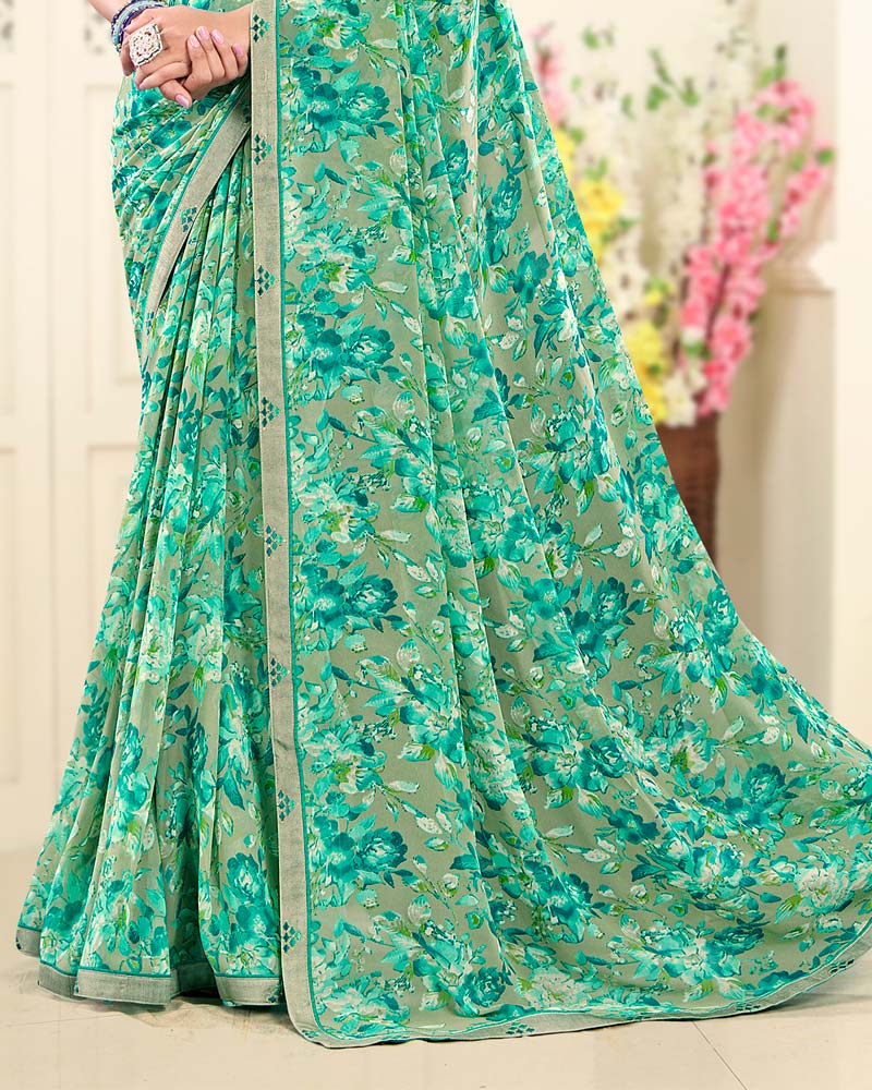 Vishal Prints Sage Green Printed Georgette Saree With Fancy Border