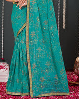 Vishal Prints Teal Blue Crushed Brasso Saree With Foil Print And Zari Border