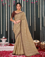 Vishal Prints Beige Crushed Brasso Saree With Foil Print And Zari Border