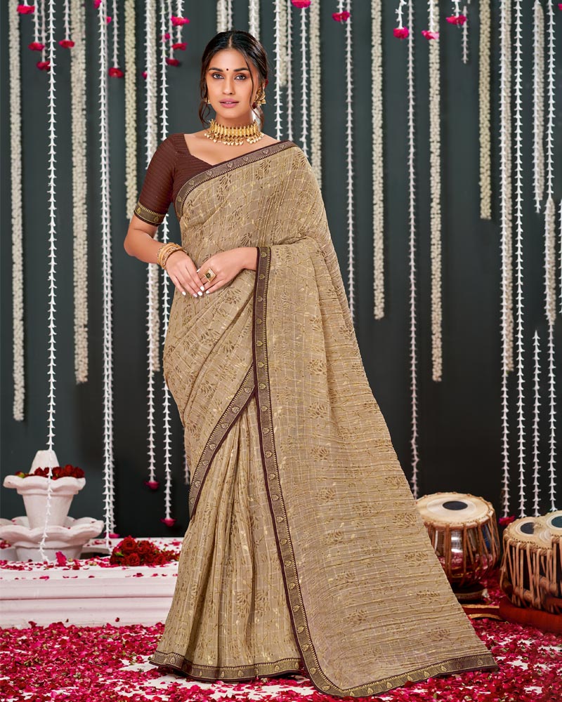 Vishal Prints Beige Crushed Brasso Saree With Foil Print And Zari Border
