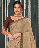 Vishal Prints Beige Crushed Brasso Saree With Foil Print And Zari Border