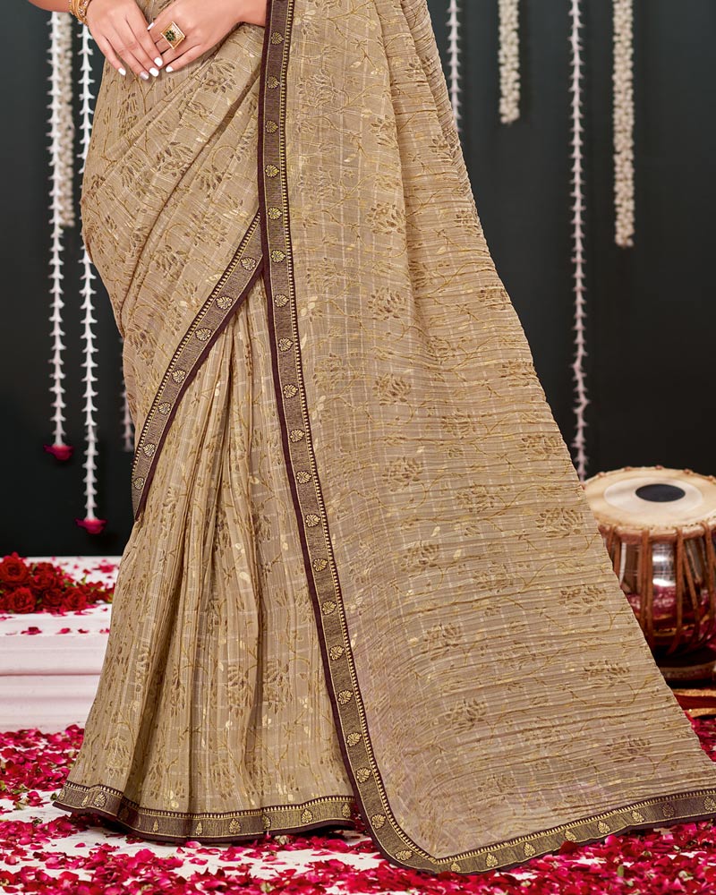 Vishal Prints Beige Crushed Brasso Saree With Foil Print And Zari Border