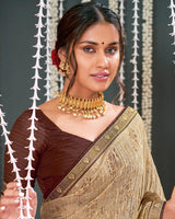 Vishal Prints Beige Crushed Brasso Saree With Foil Print And Zari Border