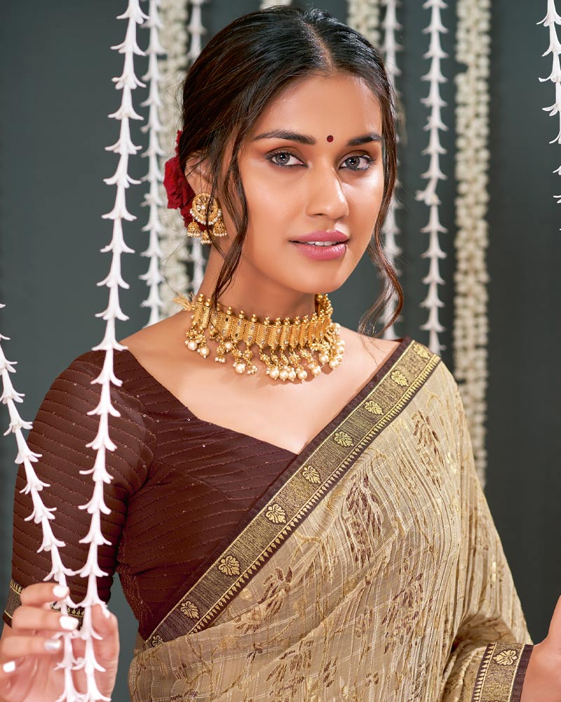 Vishal Prints Beige Crushed Brasso Saree With Foil Print And Zari Border