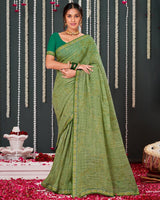 Vishal Prints Light Olive Crushed Brasso Saree With Foil Print And Zari Border