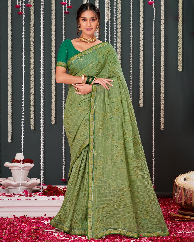 Vishal Prints Light Olive Crushed Brasso Saree With Foil Print And Zari Border