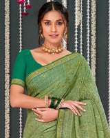 Vishal Prints Light Olive Crushed Brasso Saree With Foil Print And Zari Border