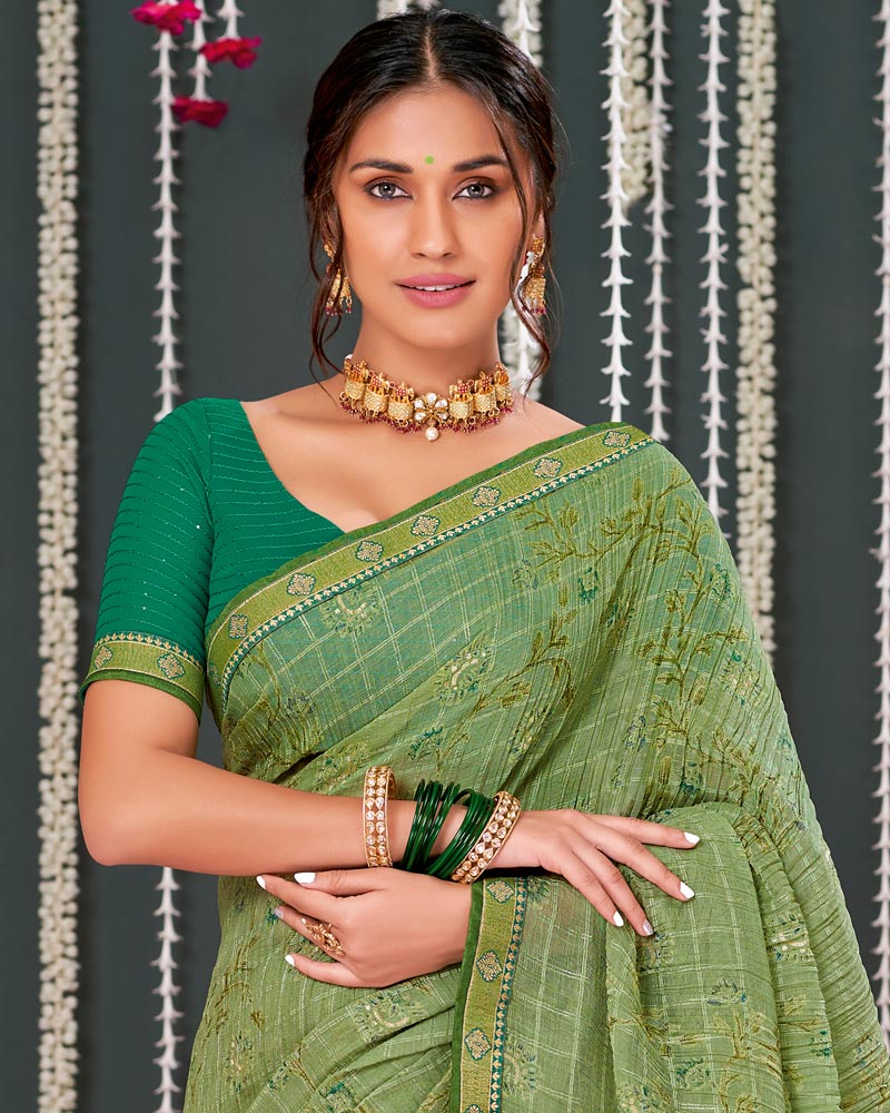 Vishal Prints Light Olive Crushed Brasso Saree With Foil Print And Zari Border