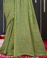 Vishal Prints Light Olive Crushed Brasso Saree With Foil Print And Zari Border