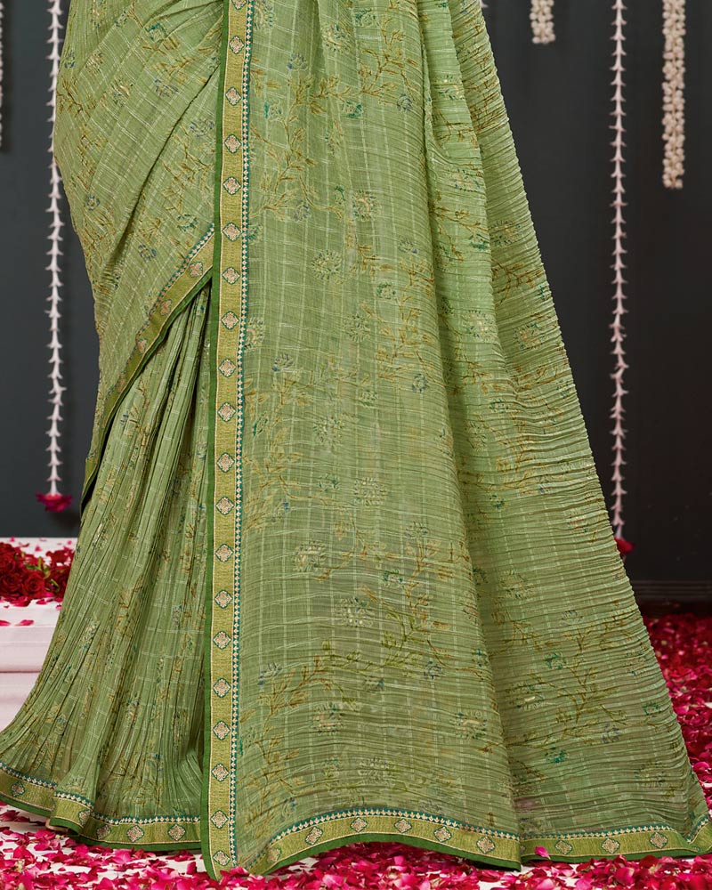 Vishal Prints Light Olive Crushed Brasso Saree With Foil Print And Zari Border