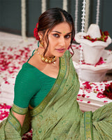 Vishal Prints Light Olive Crushed Brasso Saree With Foil Print And Zari Border