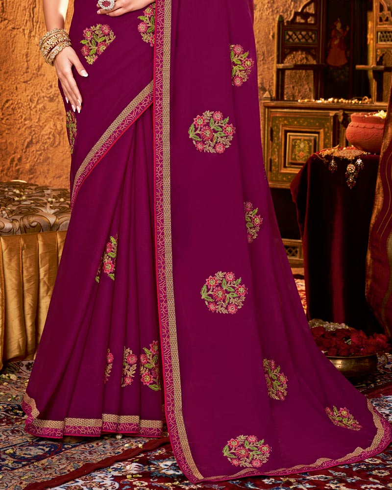Vishal Prints Wine Designer Chiffon Saree With Embroidery And Diamond Work