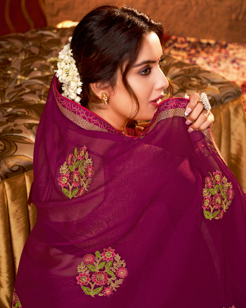 Vishal Prints Wine Designer Chiffon Saree With Embroidery And Diamond Work