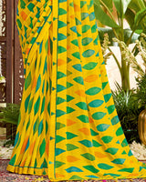 Vishal Prints Dark Yellow Printed Georgette Saree With Fancy Border
