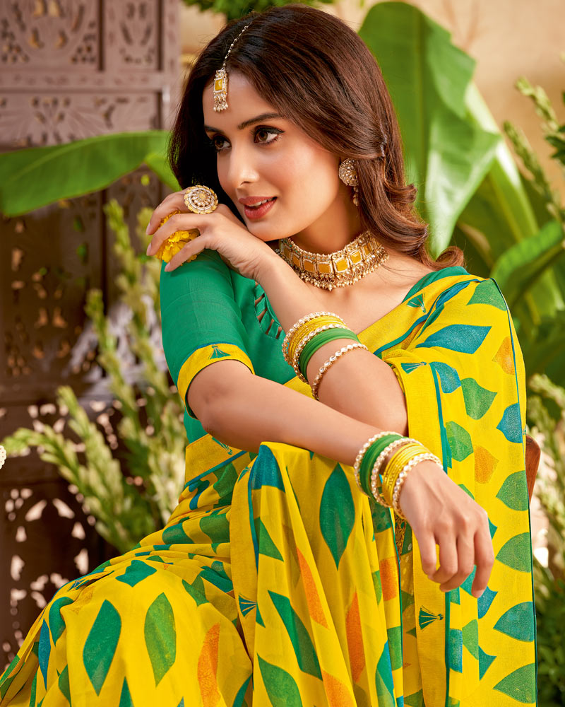 Vishal Prints Dark Yellow Printed Georgette Saree With Fancy Border
