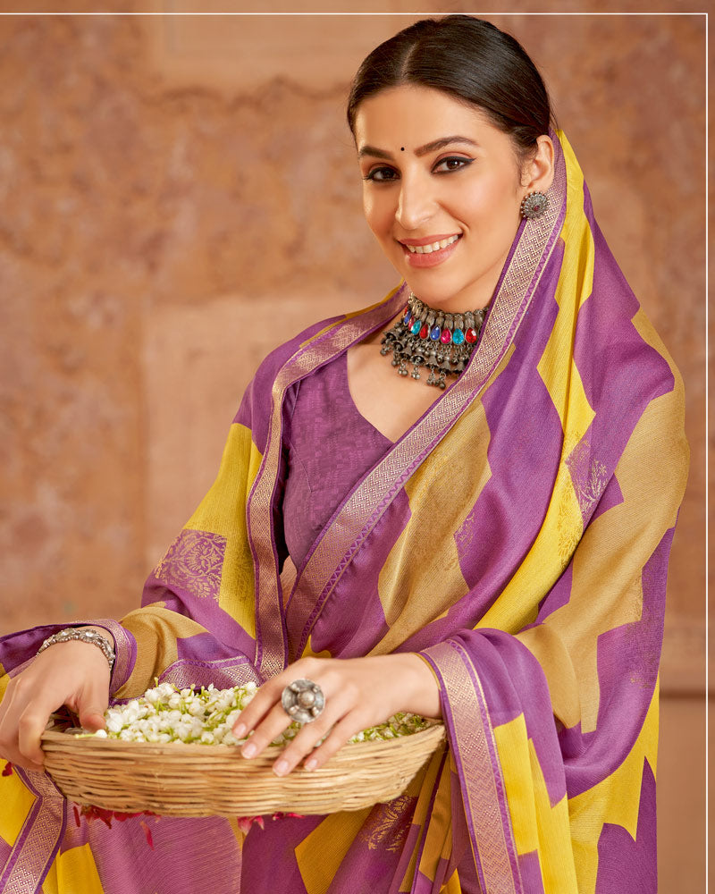 Vishal Prints Deep Magenta Printed Chiffon Saree With Foil Print And Zari Border