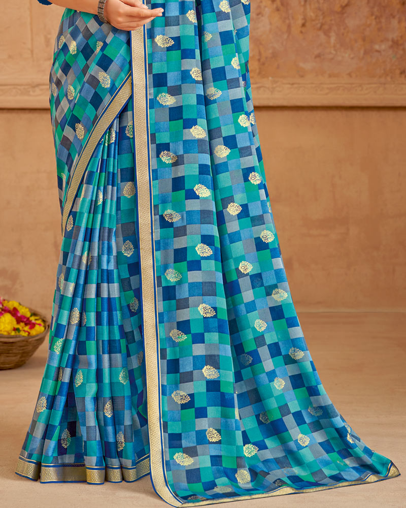 Vishal Prints Dark Blue Printed Chiffon Saree With Foil Print And Zari Border