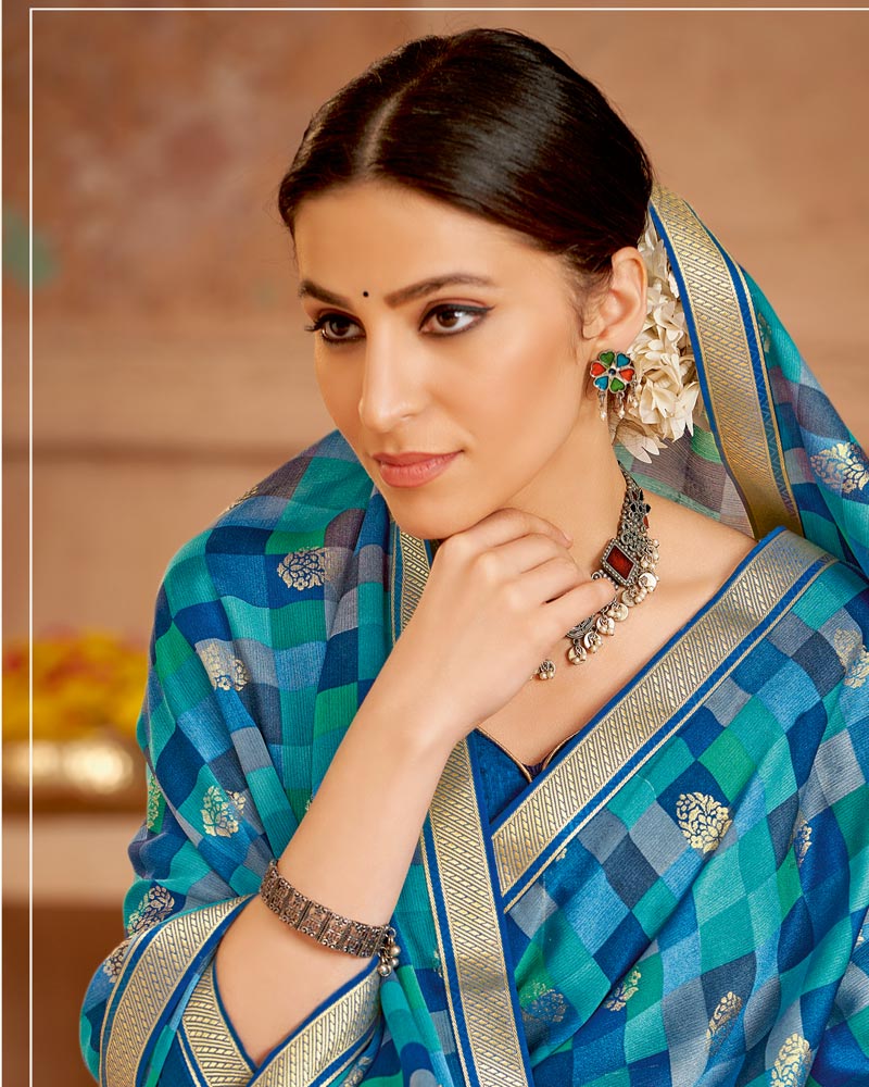 Vishal Prints Dark Blue Printed Chiffon Saree With Foil Print And Zari Border