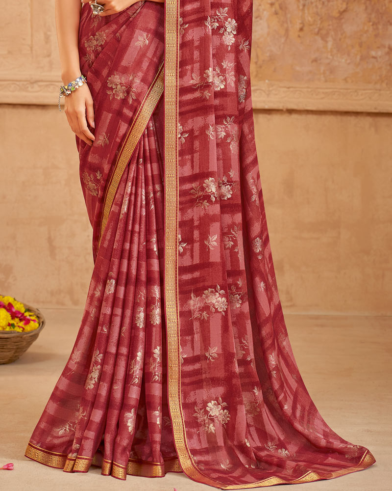 Vishal Prints Brick Red Printed Chiffon Saree With Foil Print And Zari Border